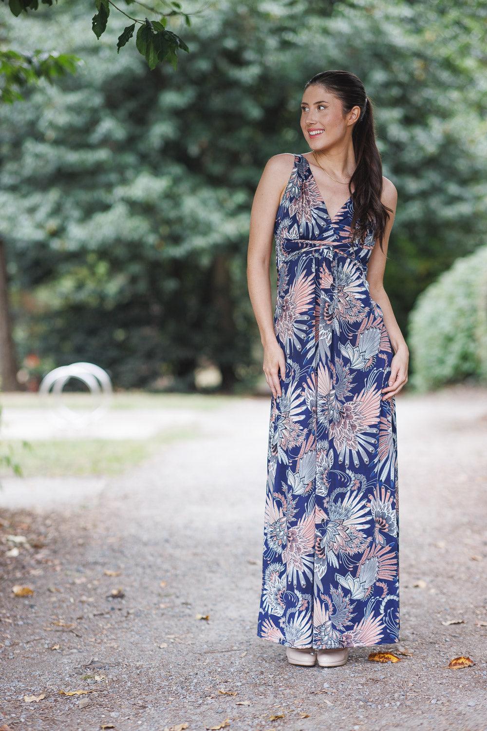 Papillon Fan Printed Grecian Maxi Dress