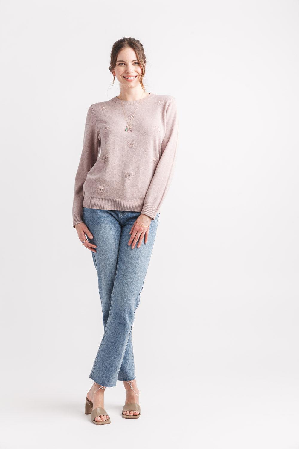 Papillon Floral Embellished Sweater W Ribbed Trim