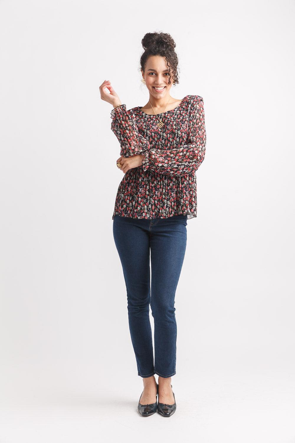 papillon Floral Pleated Long Sleeve Top