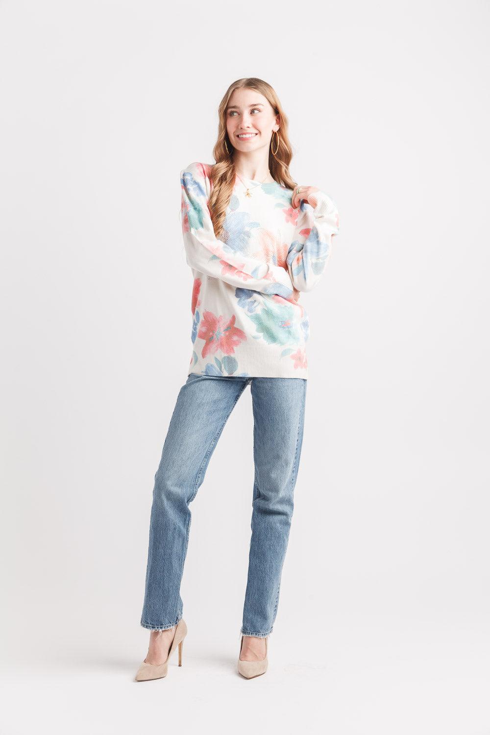 papillon Floral Rhinestone Lightweight Sweater