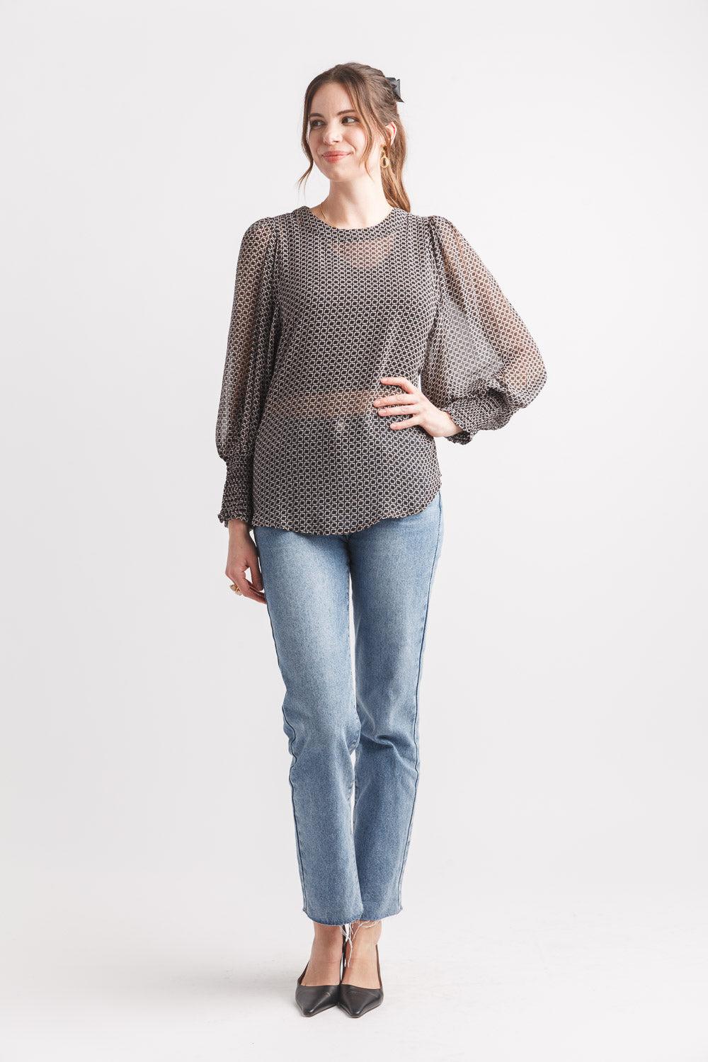 papillon Geo Print Balloon Sleeve Georgette Blouse