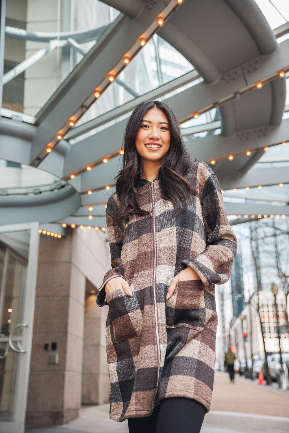 papillon Knit Plaid Hooded Jacket With Pockets