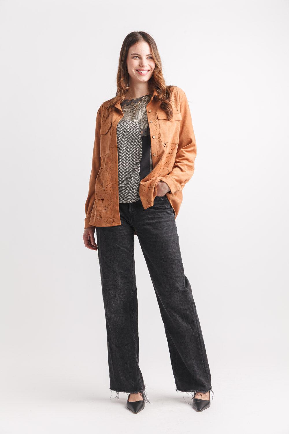 papillon Laser Cut Button Front Suede Top