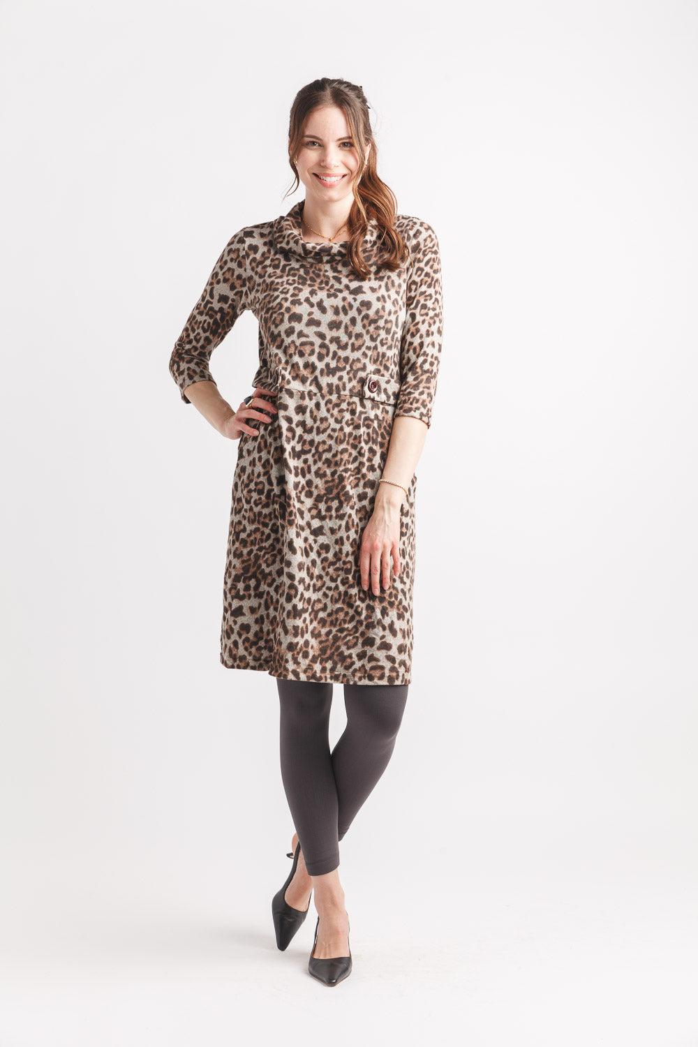 papillon Leopard Print Two Pocket Cowl Neck