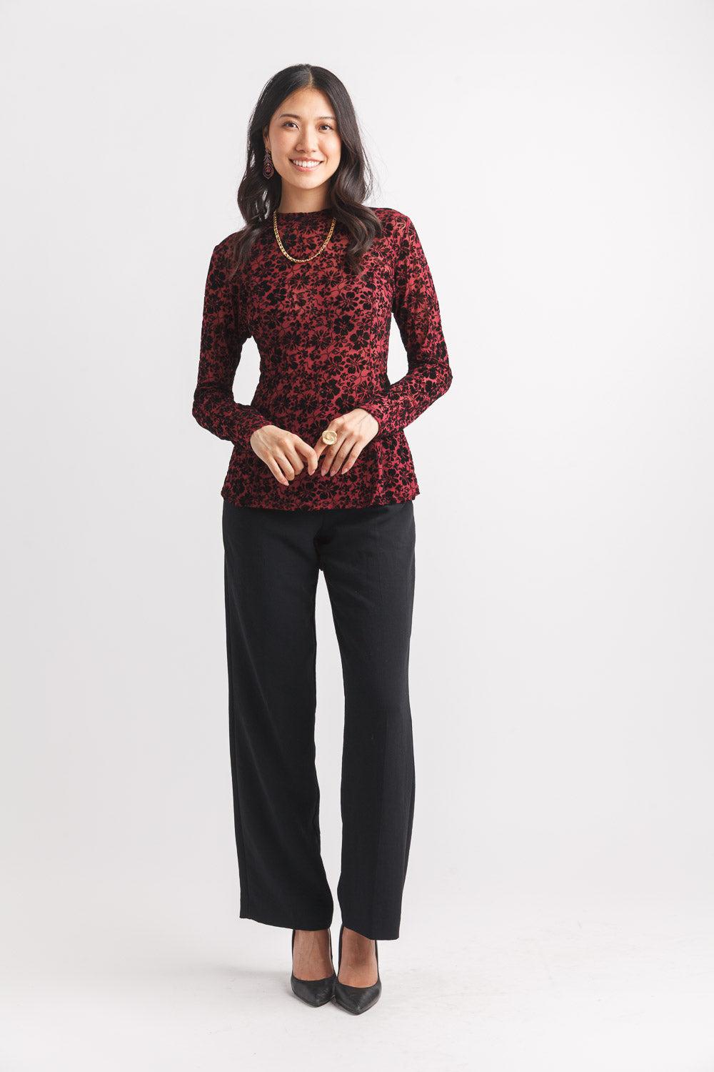 papillon Mock Neck Floral Burnout Peplum Style Top