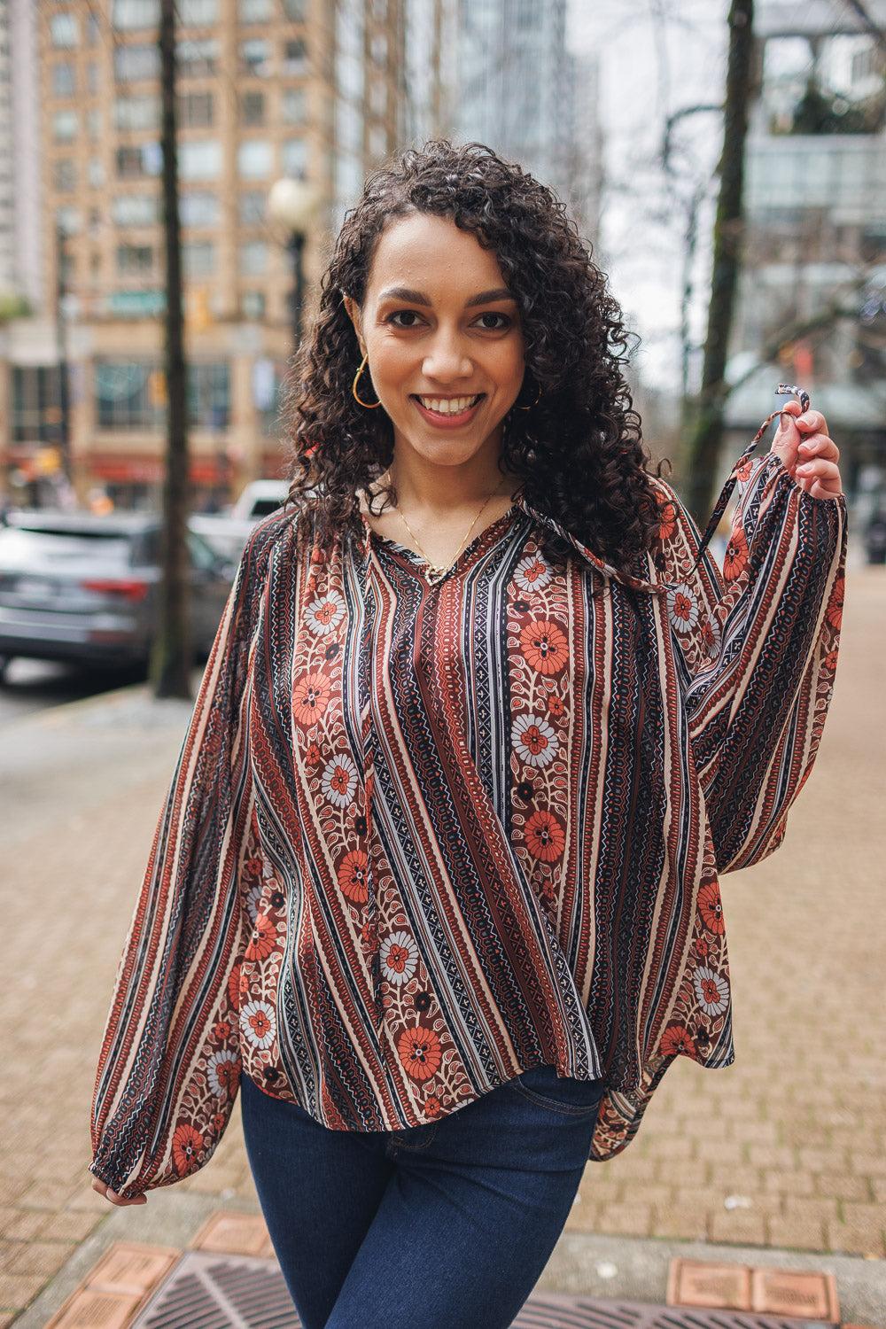 papillon Multi Floral Stripe Shirt With V Notch