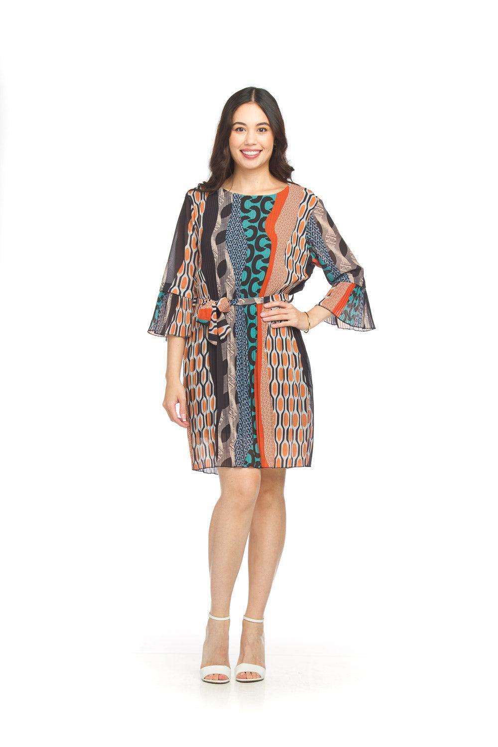 papillon Multi Print Pleated Dress with Tie Belt