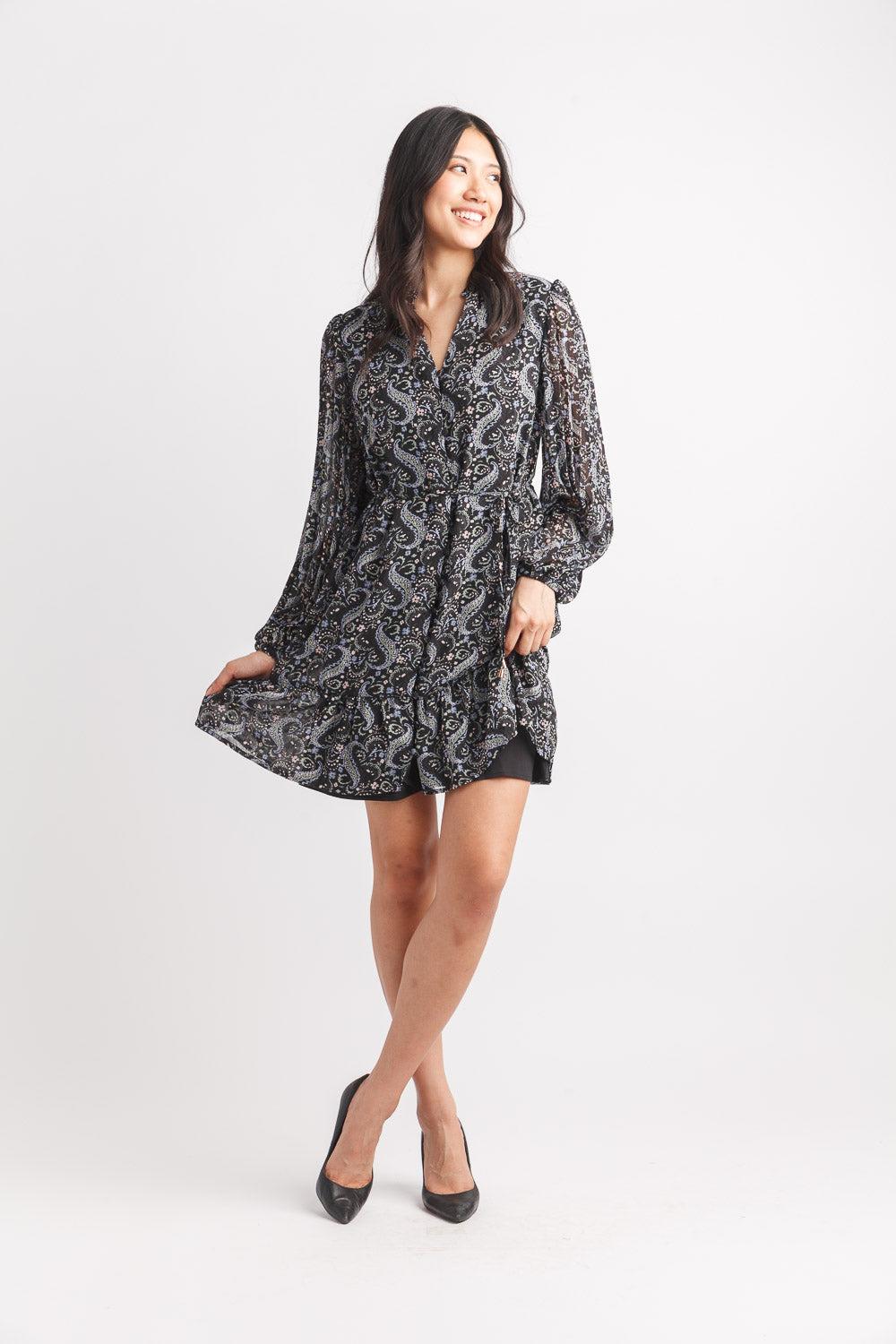 papillon Printed Long Sleeve Dress With Ruffle