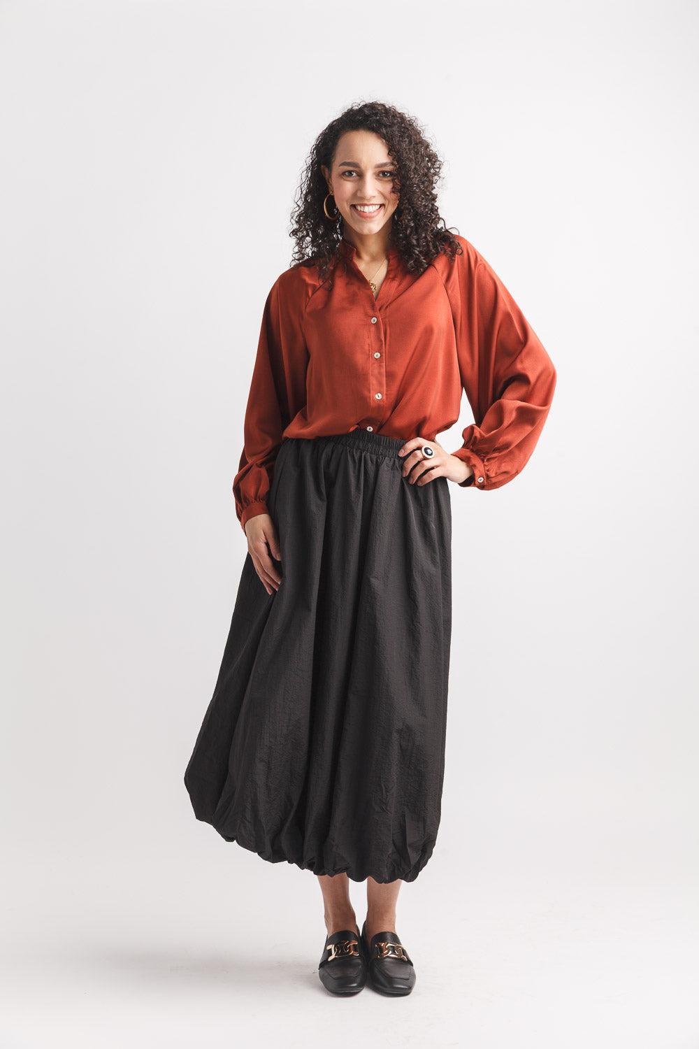 Papillon Satin Ballon Sleeve Button Front Blouse