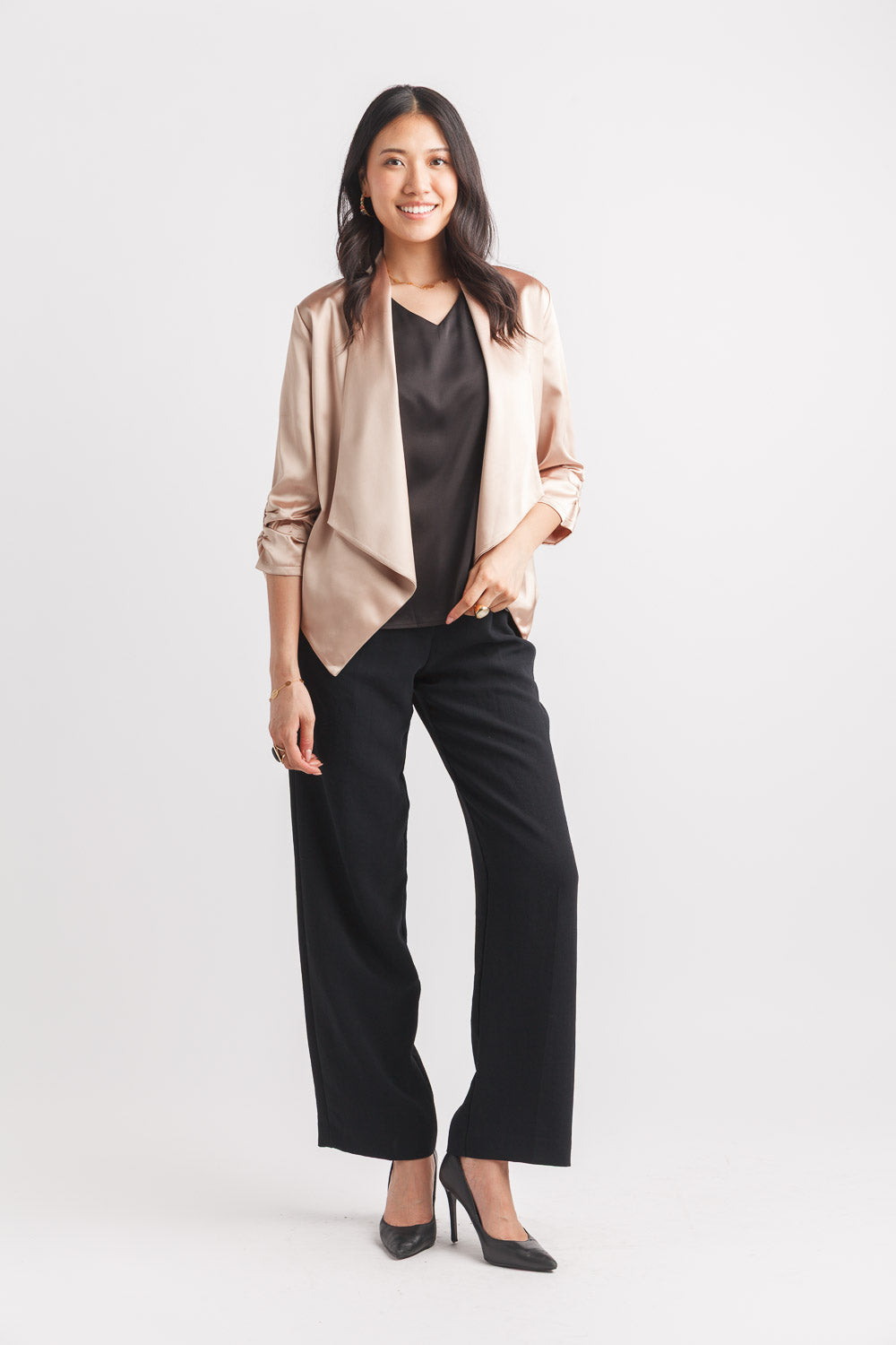 papillon Satin Blazer with Ruched Sleeves