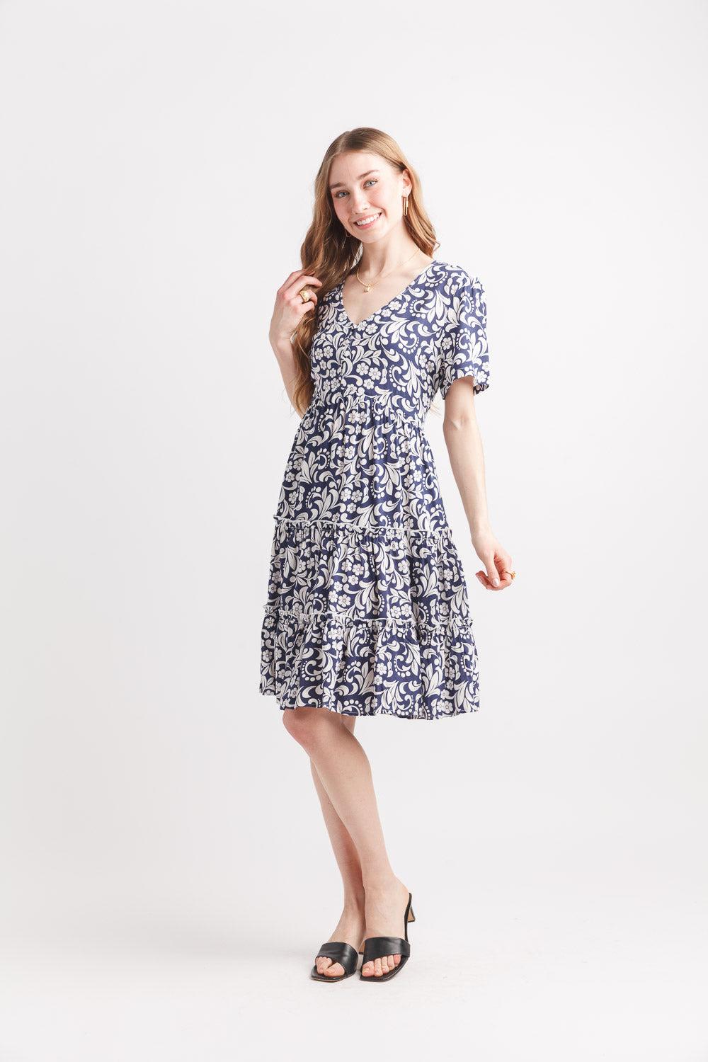 papillon Short Sleeve Tiered Floral Henley Dress