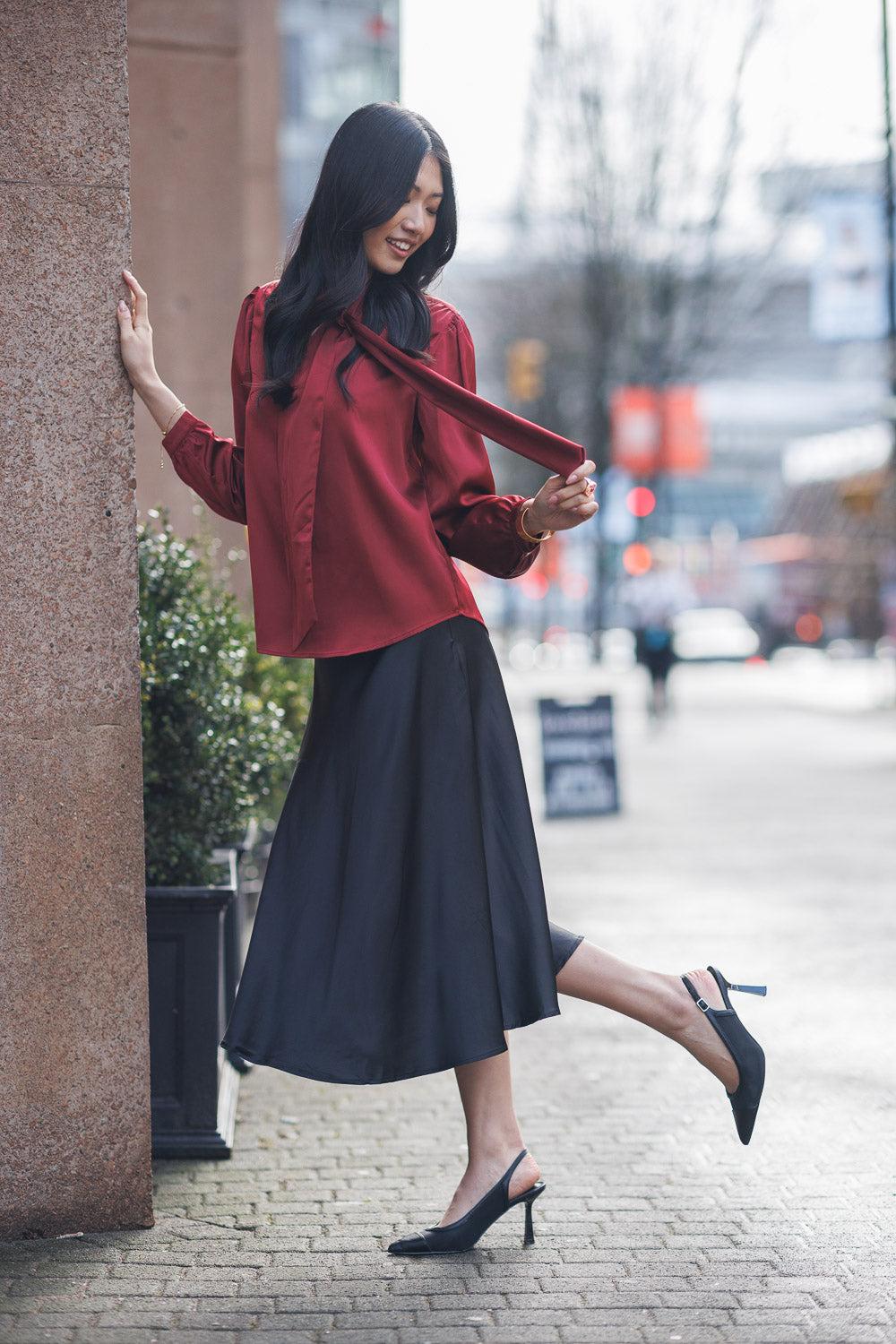 Papillon Solid Satin Top With Neck Tie