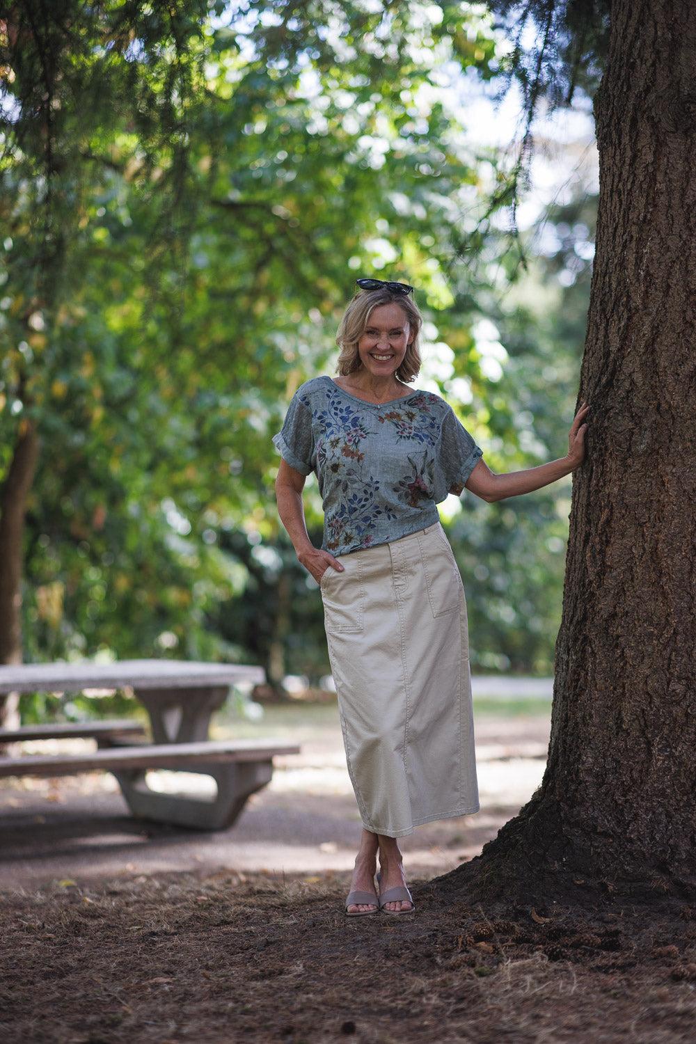 Papillon Stretch Denim Maxi Skirt