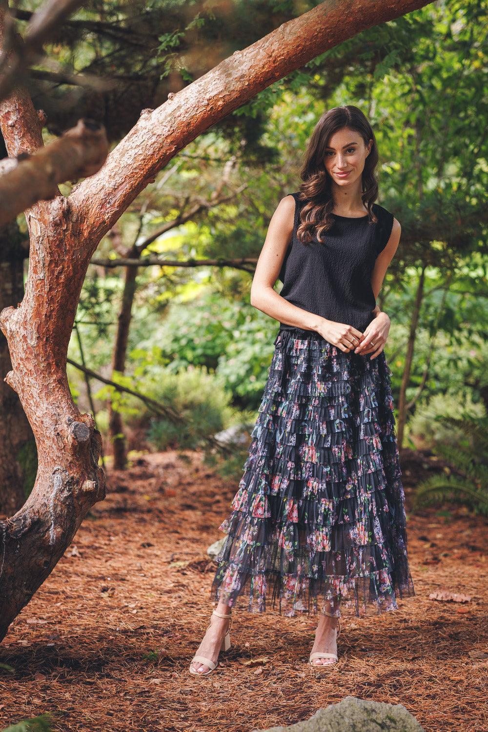 papillon Tiered Floral Skirt With Elastic Waist