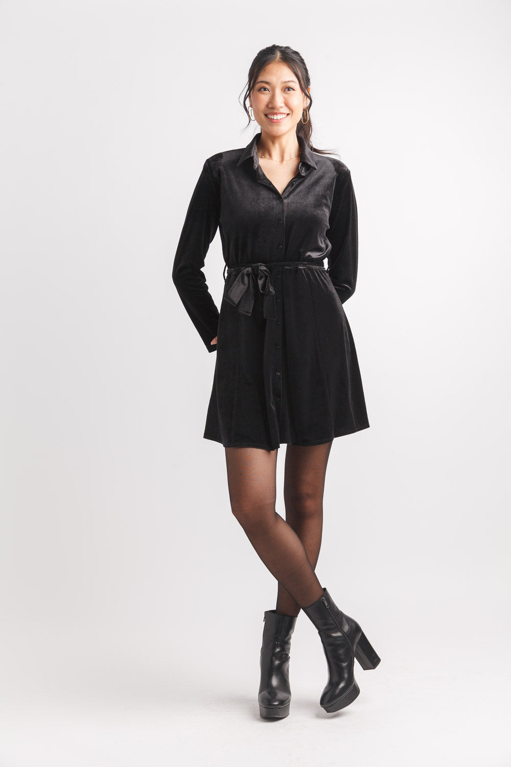 papillon Velvet Solid Shirt Dress