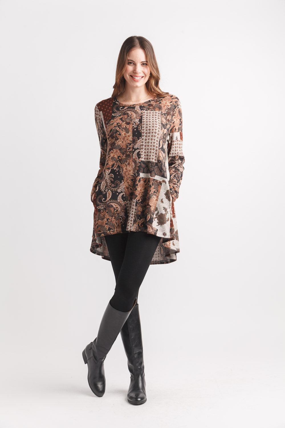 papillon Patch Print Knit High Low Tunic With Pockets