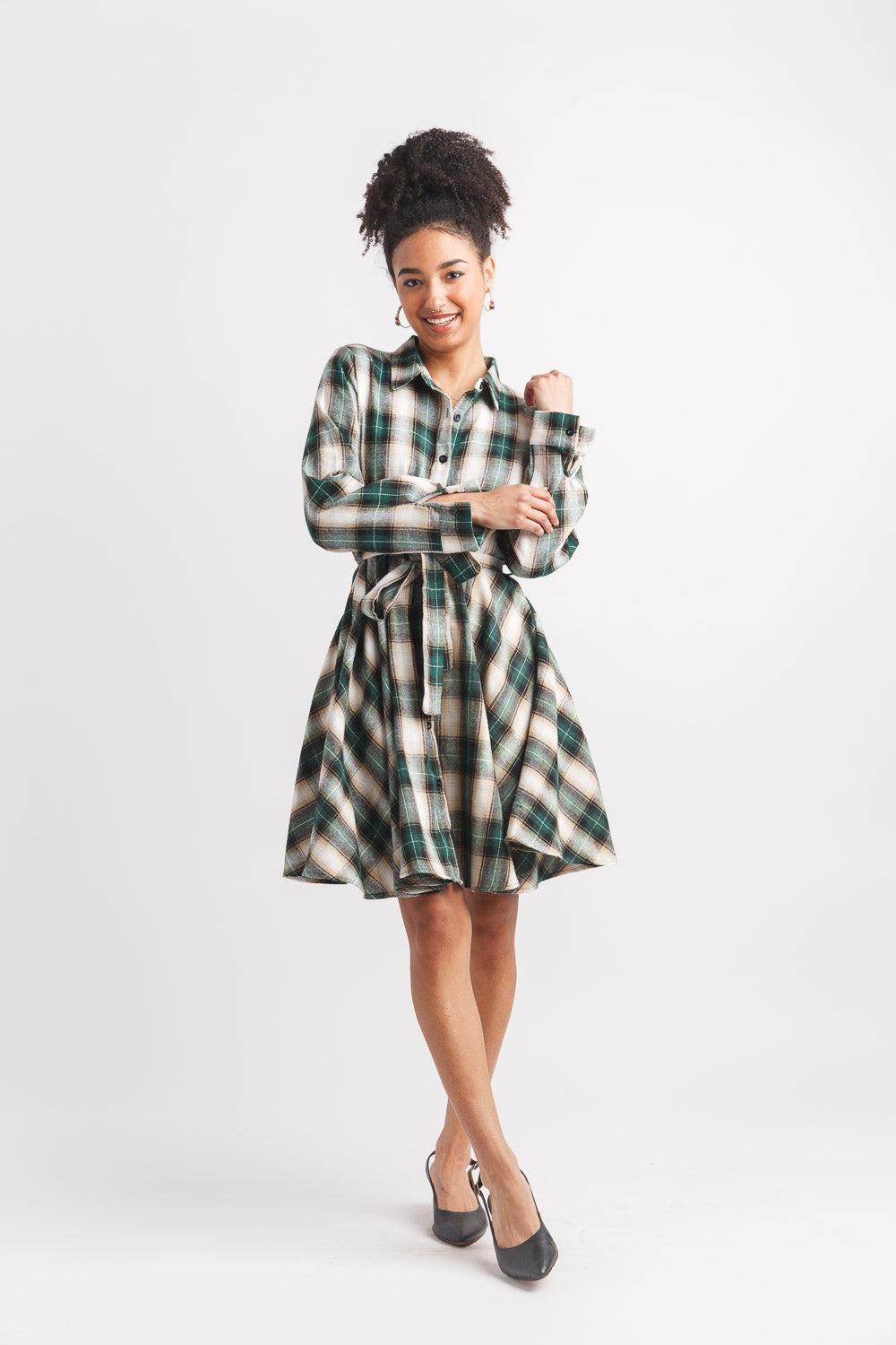 papillon Plaid Collared Flare Shirt Dress With Tie Belt