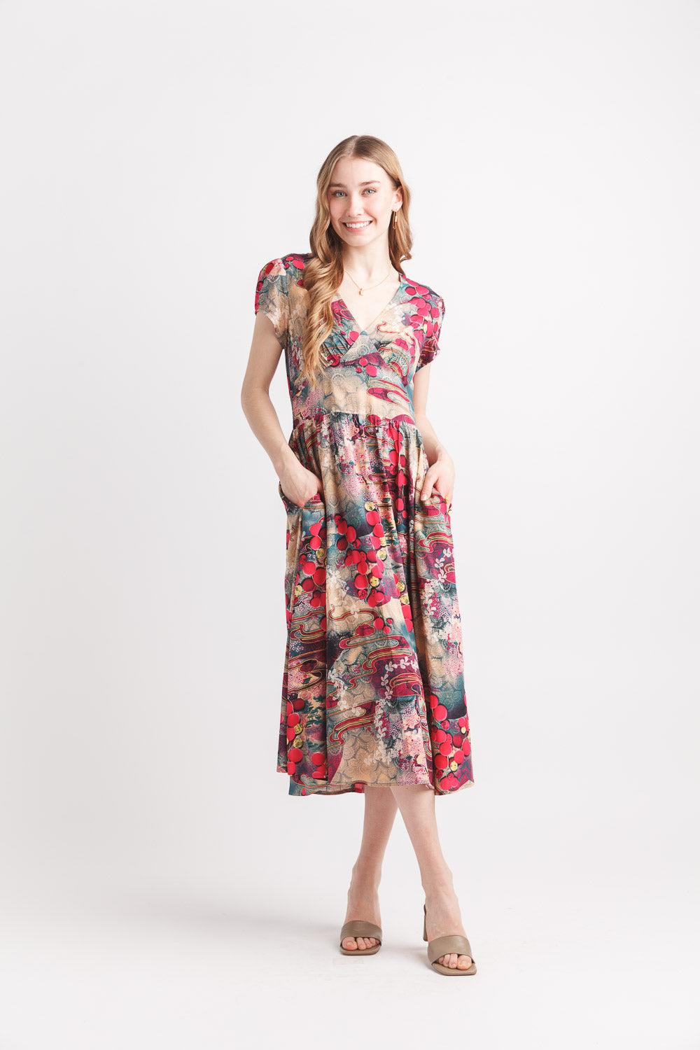 papillon Printed Short Sleeve Midi Dress With Pockets