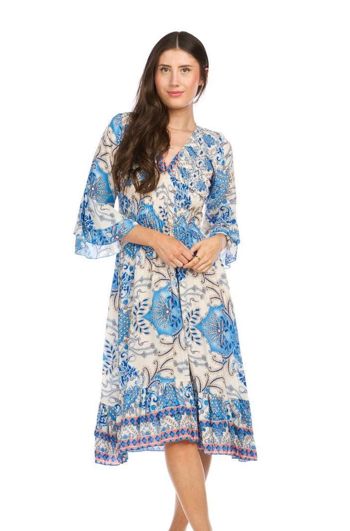 papillon Printed V Neck Midi Dress with Smocking and Ruffle Trim