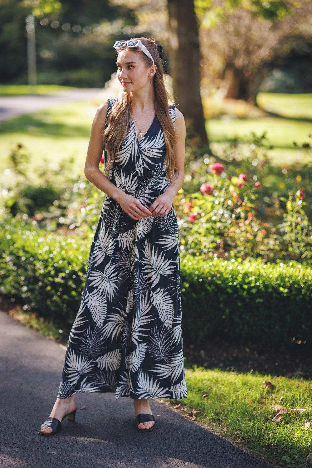 papillon Tropical Printed Wrap Top Jumpsuit With Elastic Waist And Pockets