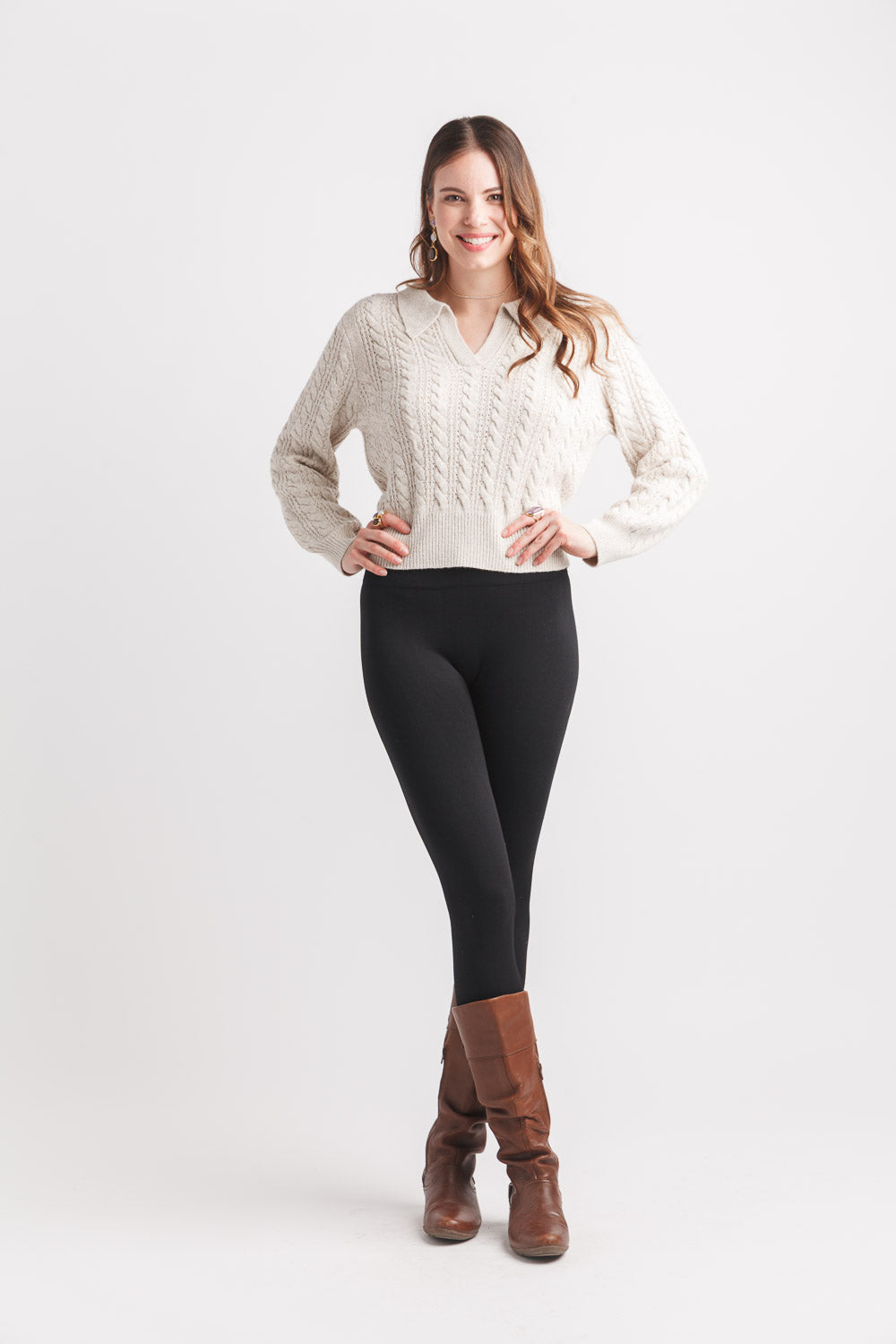 papillon V Neck Collared Cable Knit Cropped Sweater