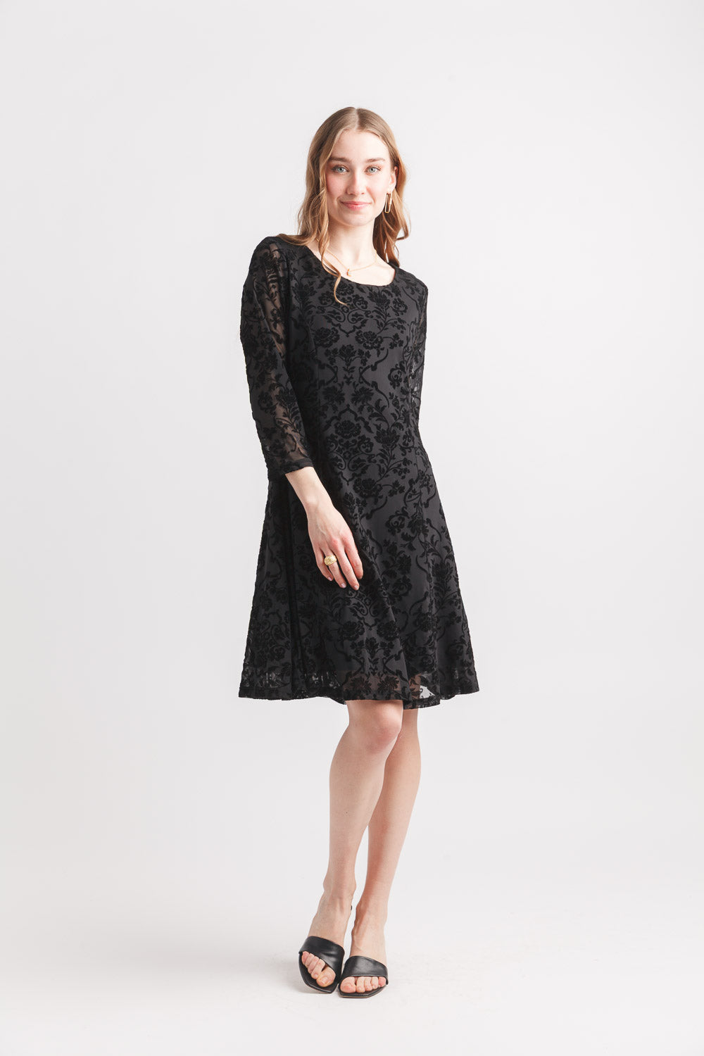 papillon Velvet 3/4 Sleeve Flocked Floral Panelled Dress