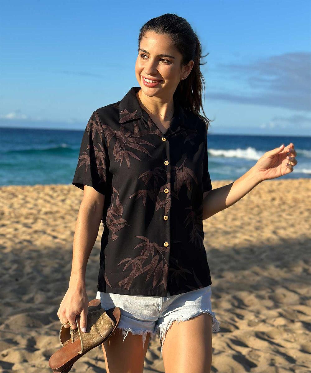 Paradise Found Bamboo Hawaiian Shirts Women's Bamboo Black Camp Shirt