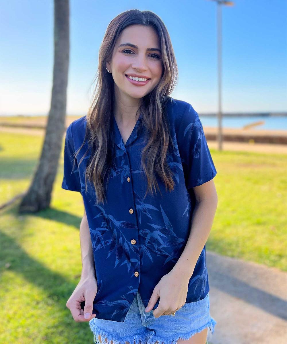 Paradise Found Bamboo Hawaiian Shirts Women's Bamboo Navy Camp Shirt