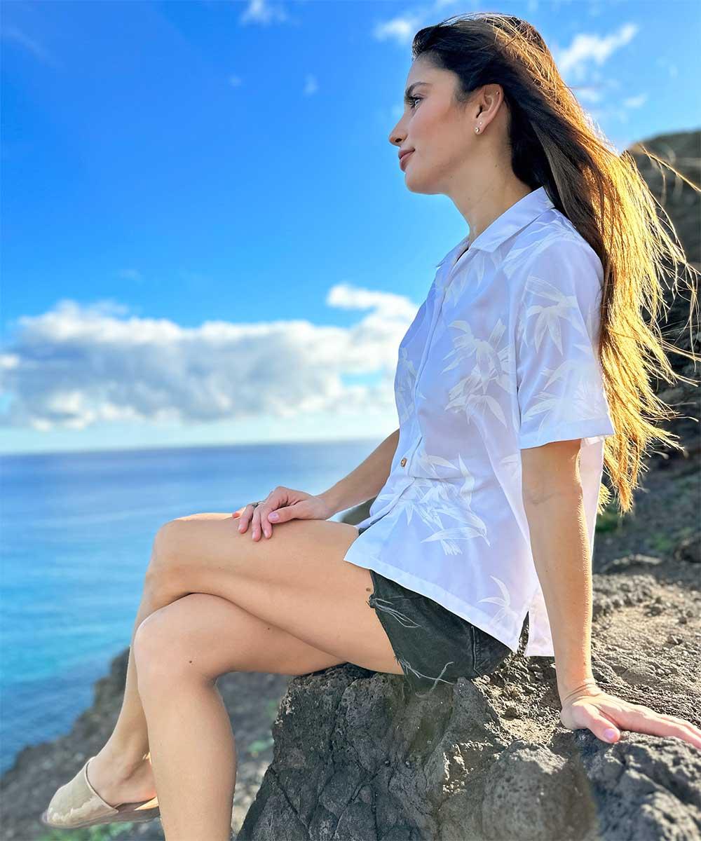 Paradise Found Bamboo Hawaiian Shirts Women's Bamboo White Camp Shirt