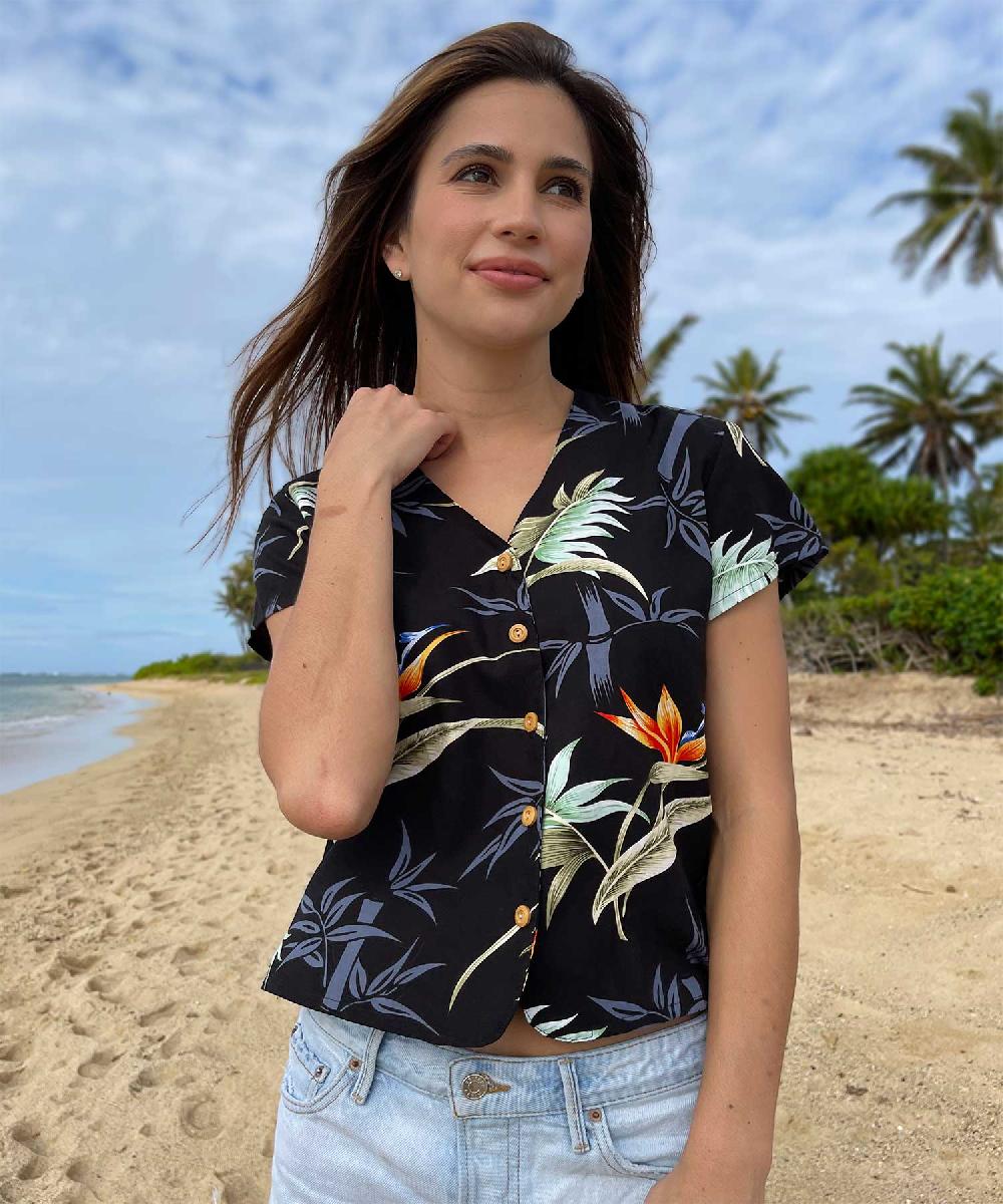 Paradise Found Bamboo Paradise Hawaiian Shirts Bamboo Paradise Black V-Neck Blouse