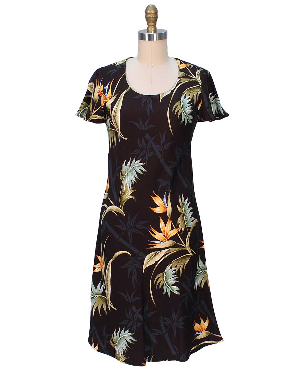 paradise found Bamboo Paradise Hawaiian Shirts Bamboo Paradise Black A-Line Dress with Cap Sleeves