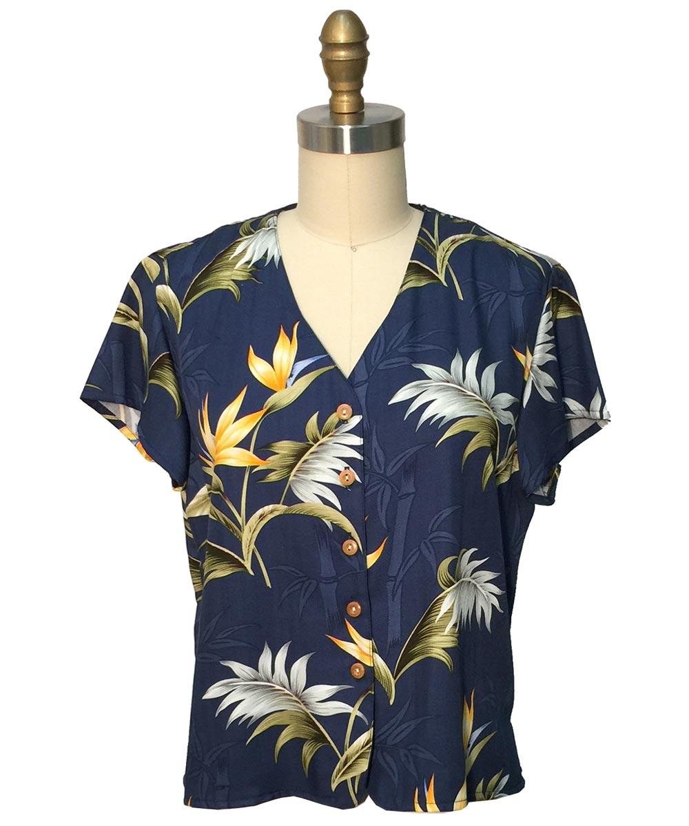 paradise found Bamboo Paradise Hawaiian Shirts Bamboo Paradise Navy V-Neck Blouse