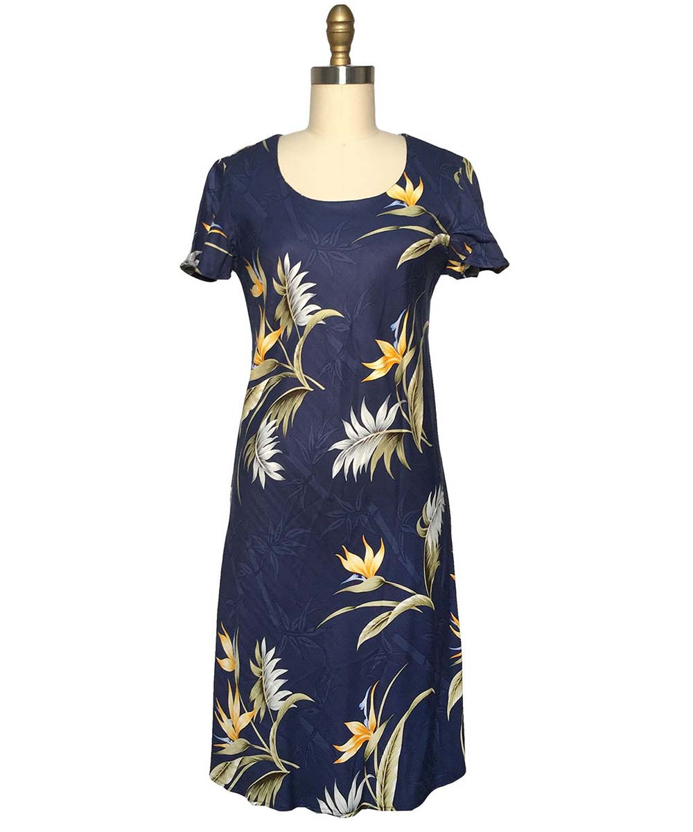 paradise found Bamboo Paradise Hawaiian Shirts Bamboo Paradise Navy A-Line Dress with Cap Sleeves