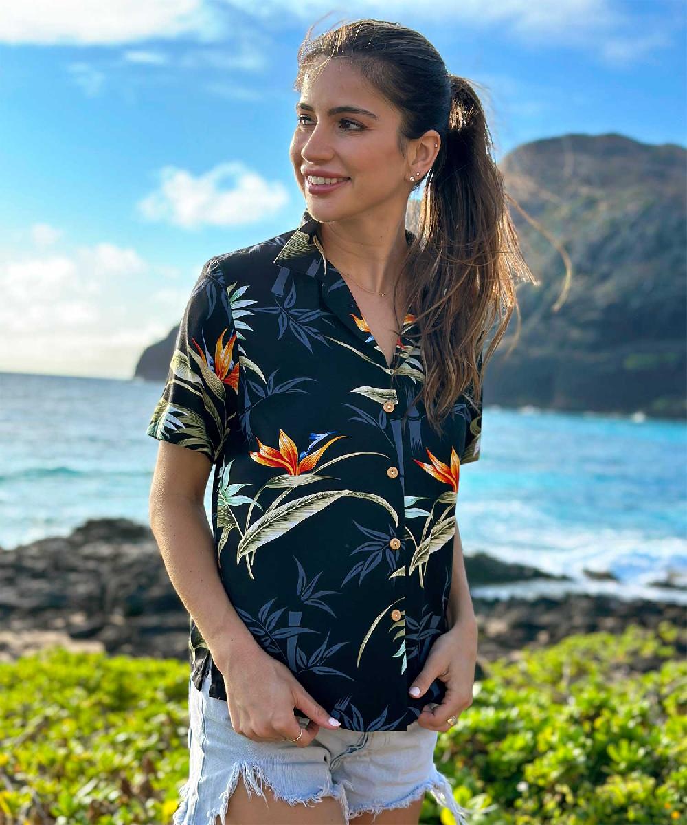 Paradise Found Bamboo Paradise Hawaiian Shirts Women's Bamboo Paradise Black Camp Shirt