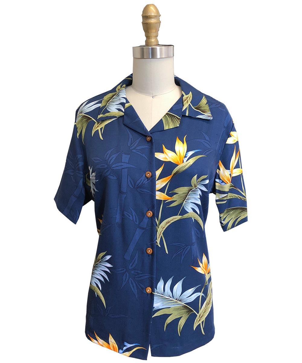 paradise found Bamboo Paradise Hawaiian Shirts Women's Bamboo Paradise Navy Camp Shirt