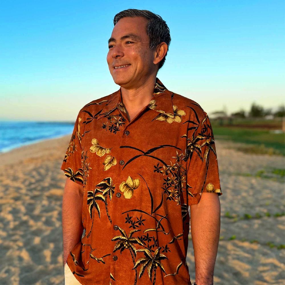 Paradise Found Big And Tall Hawaiian Shirts Retro Oasis Palms - Rust