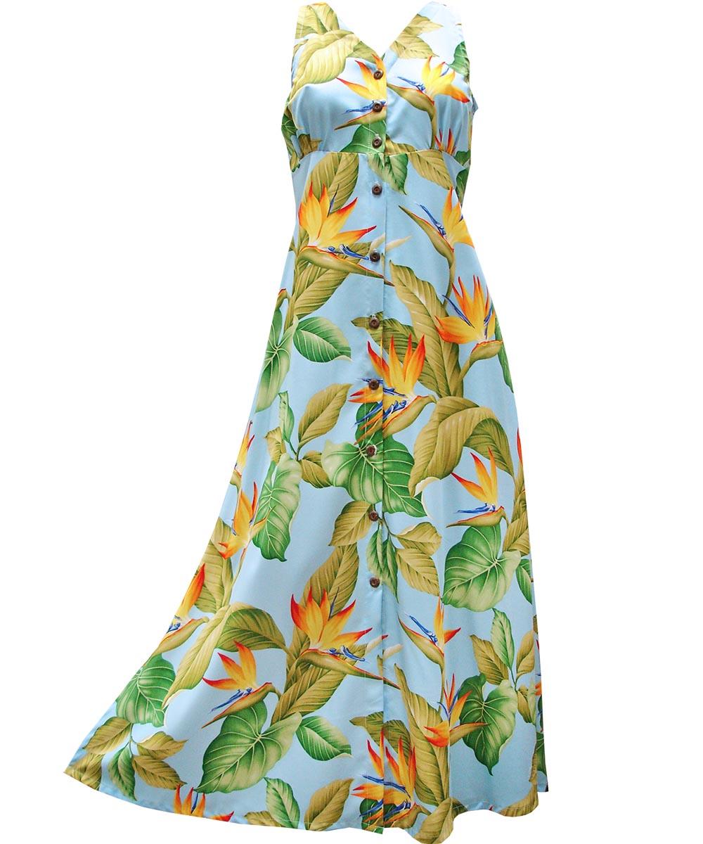 paradise found Button Front Long Dresses Airbrush Bird of Paradise Blue Button Front Tank Dress