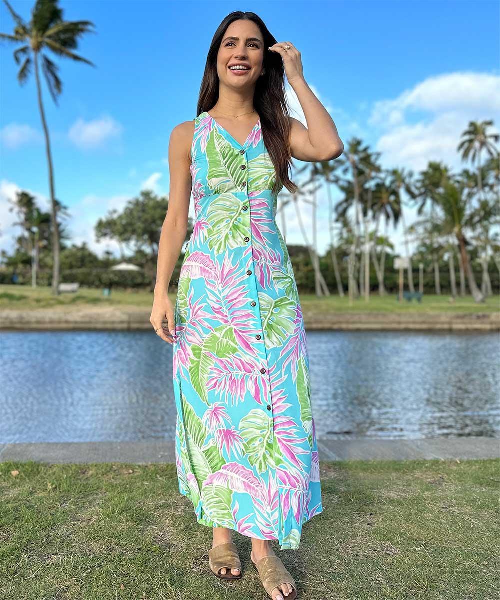 Paradise Found Button Front Long Dresses Cabana Palms Aqua Button Front Tank Dress