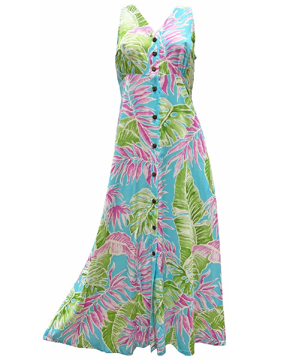 paradise found Button Front Long Dresses Cabana Palms Aqua Button Front Tank Dress