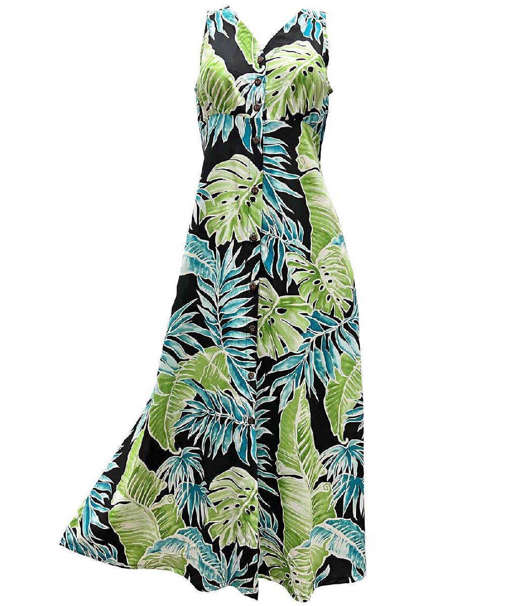 paradise found Button Front Long Dresses Cabana Palms Black Button Front Tank Dress