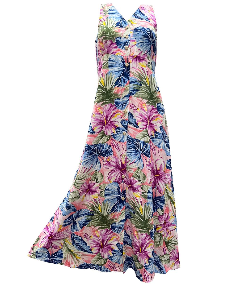 paradise found Button Front Long Dresses Painted Hibiscus Coral Button Front Tank Dress