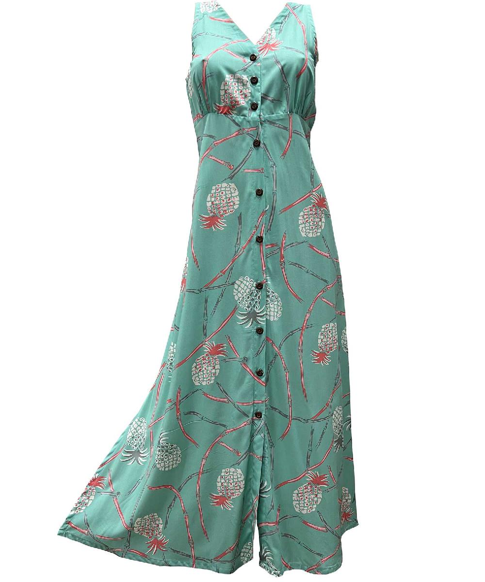 paradise found Button Front Long Dresses Retro Pineapple Bamboo Sea Foam Button Front Tank Dress