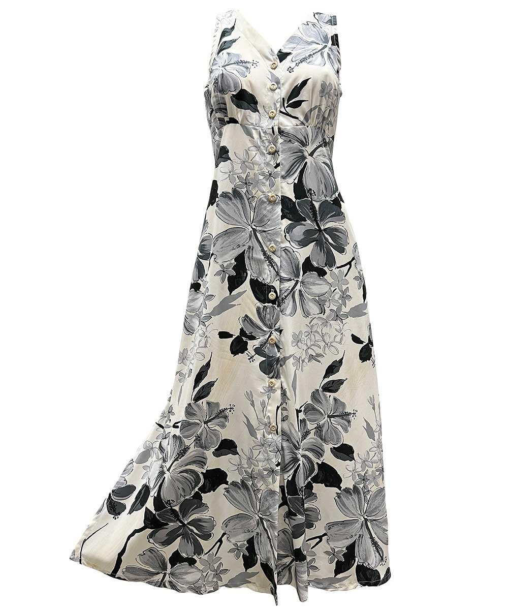 paradise found Button Front Long Dresses Watercolor Hibiscus Gray Button Front Tank Dress