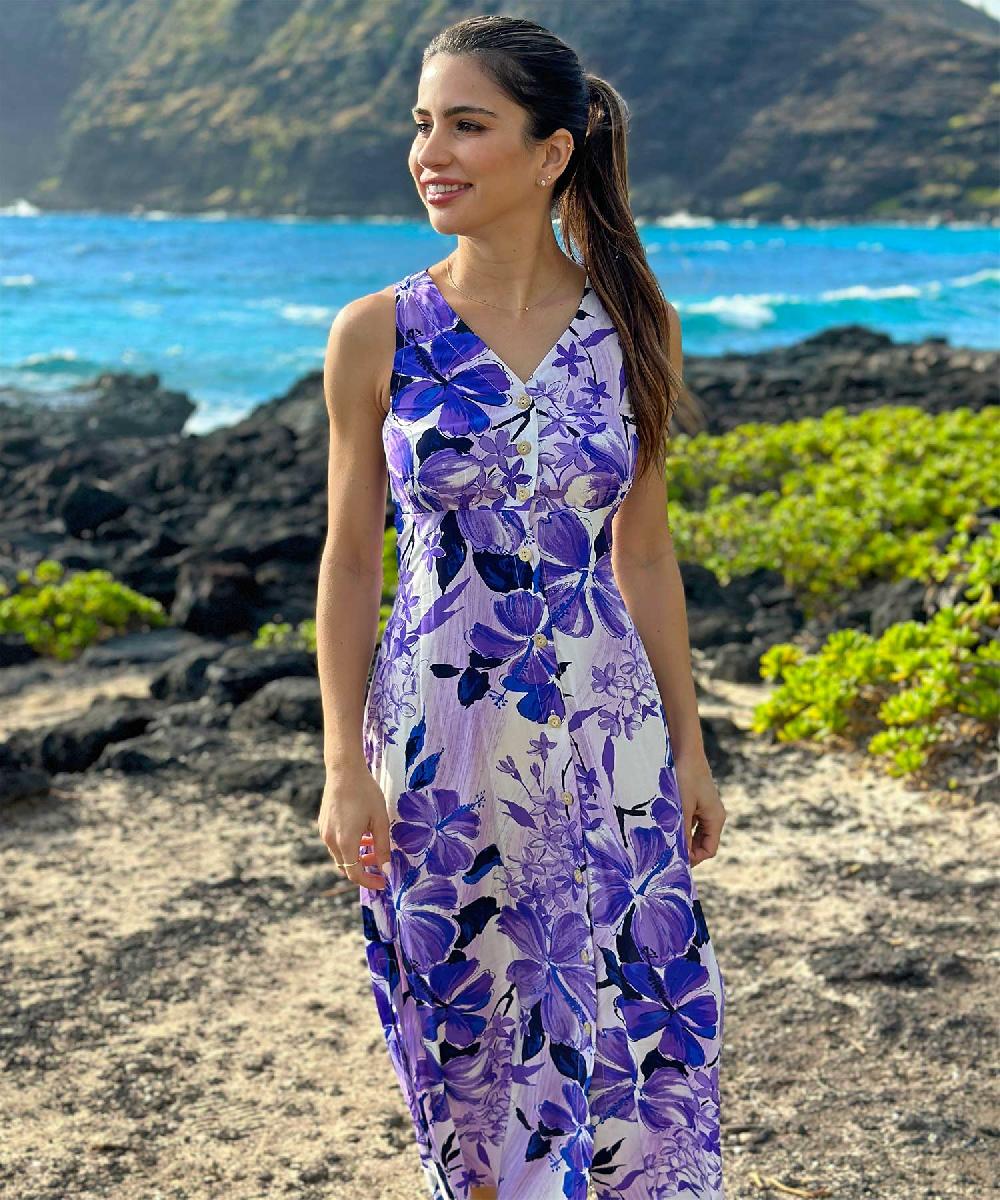 Paradise Found Button Front Long Dresses Watercolor Hibiscus Purple Button Front Tank Dress