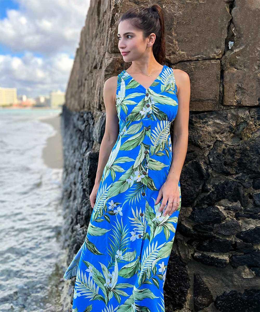 Paradise Found Button Front Long Dresses White Ginger Blue Button Front Tank Dress