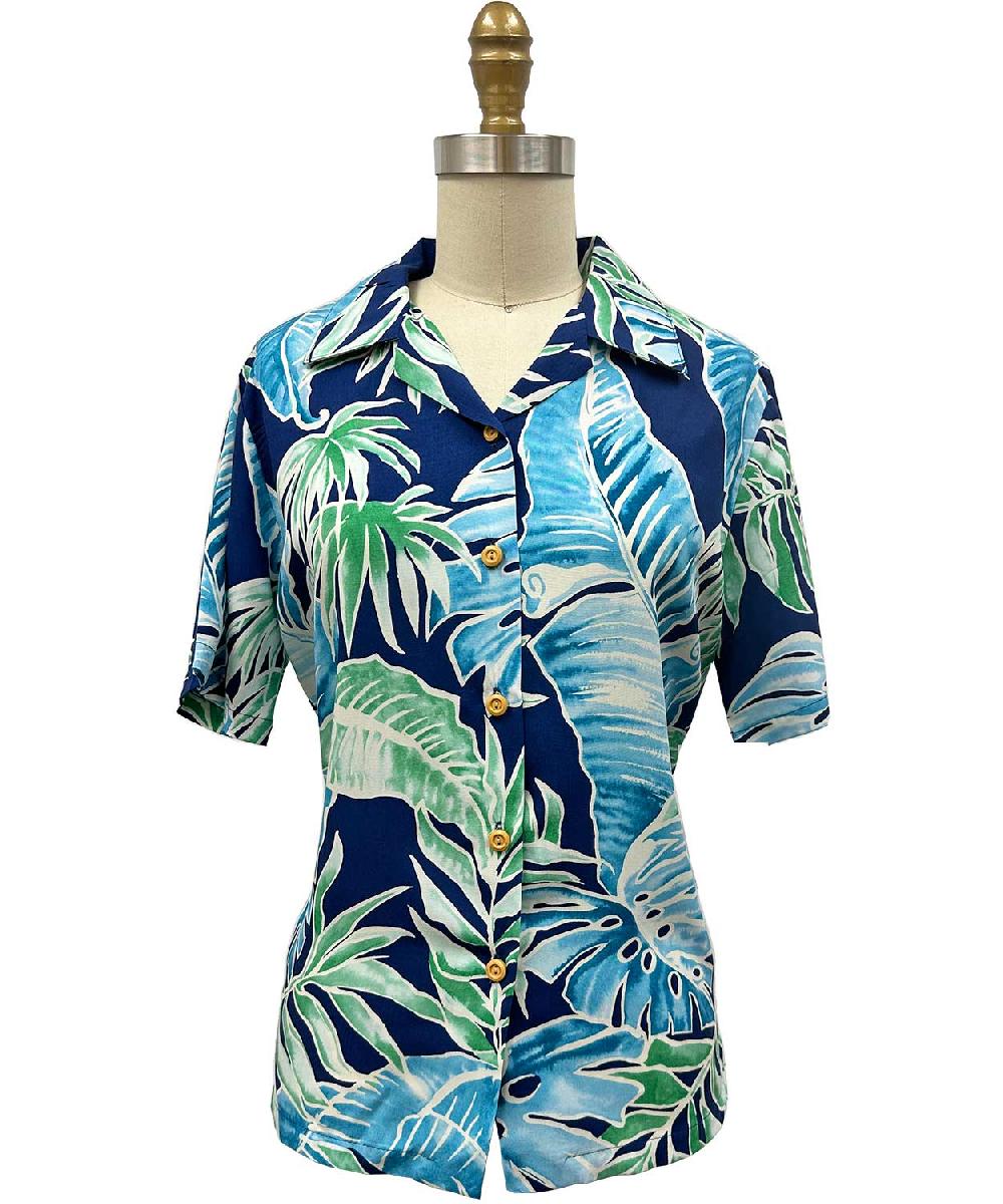 paradise found Cabana Palms Hawaiian Shirts Women's Cabana Palms Navy Camp Shirt