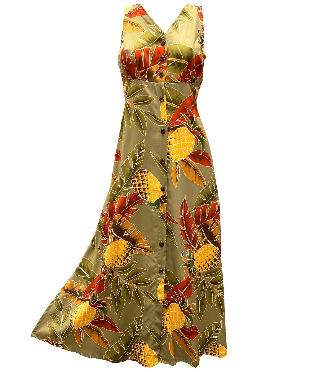 paradise found Diamond Head Sportswear Retro Pineapple Olive Button Front Tank Dress