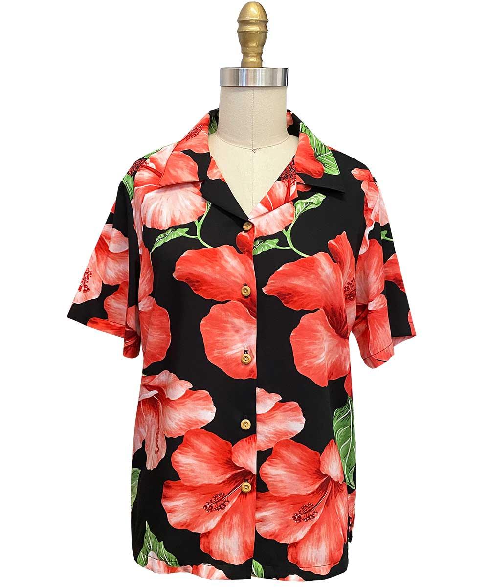 paradise found Hibiscus Blossom Women's Hibiscus Blossom Black Camp Shirt