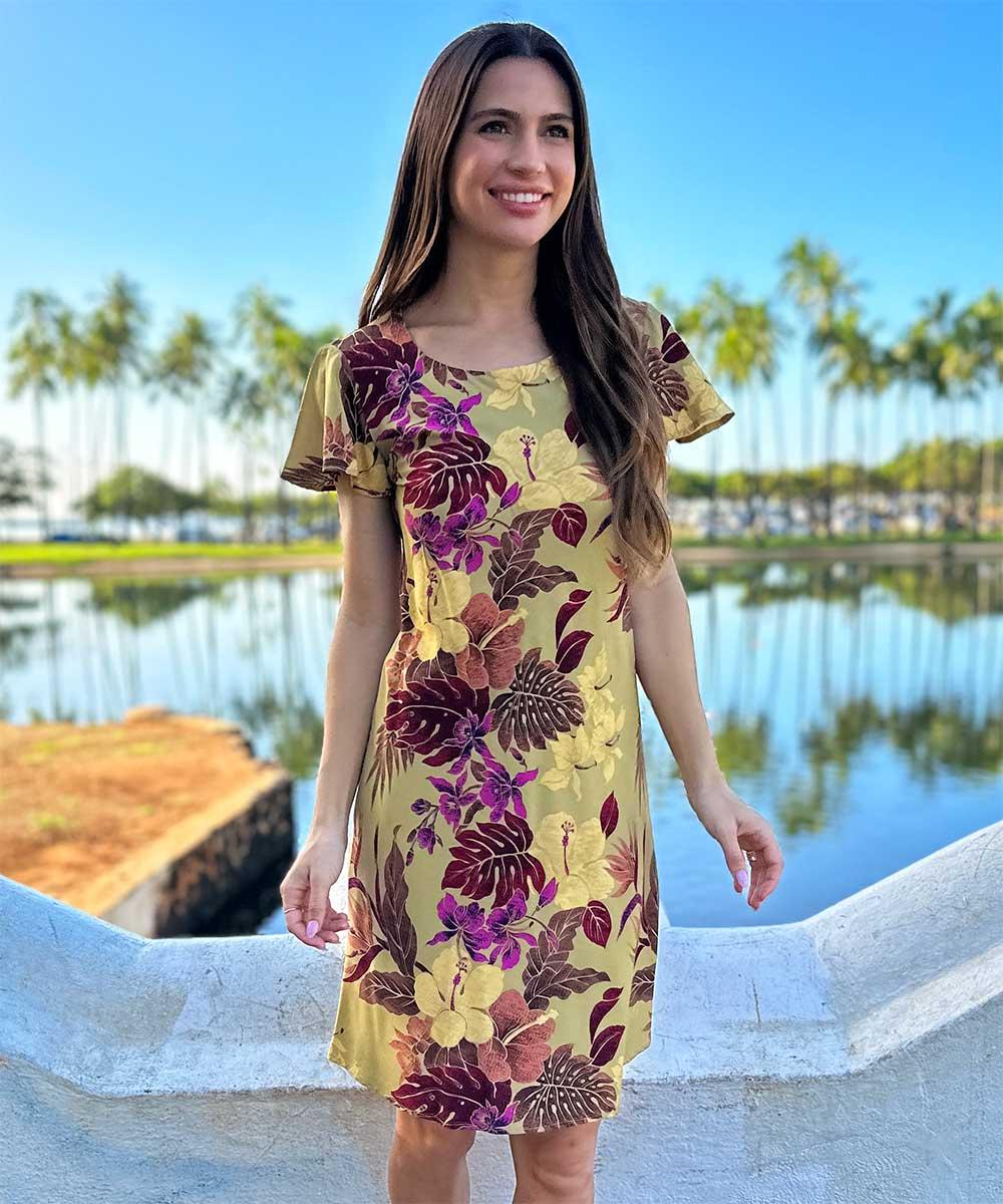 Paradise Found Hilo Shirts & Dresses Hilo Gold A-Line Dress With Cap Sleeves