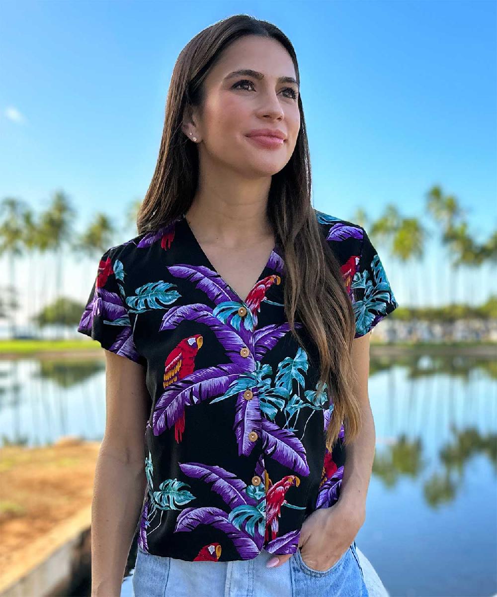 paradise found Jungle Bird Jungle Bird Black V-Neck Blouse